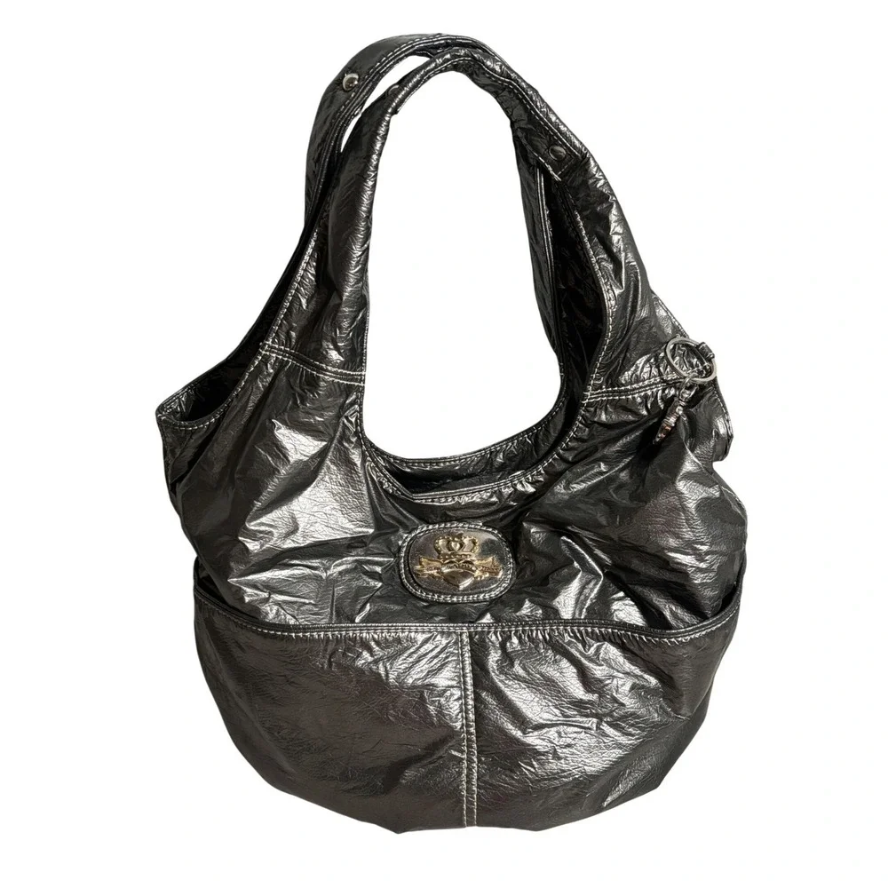 Kathy Van Zeeland Metallic Pewter Crinkle Hobo Bag Crowned Heart Y2K Style 90s